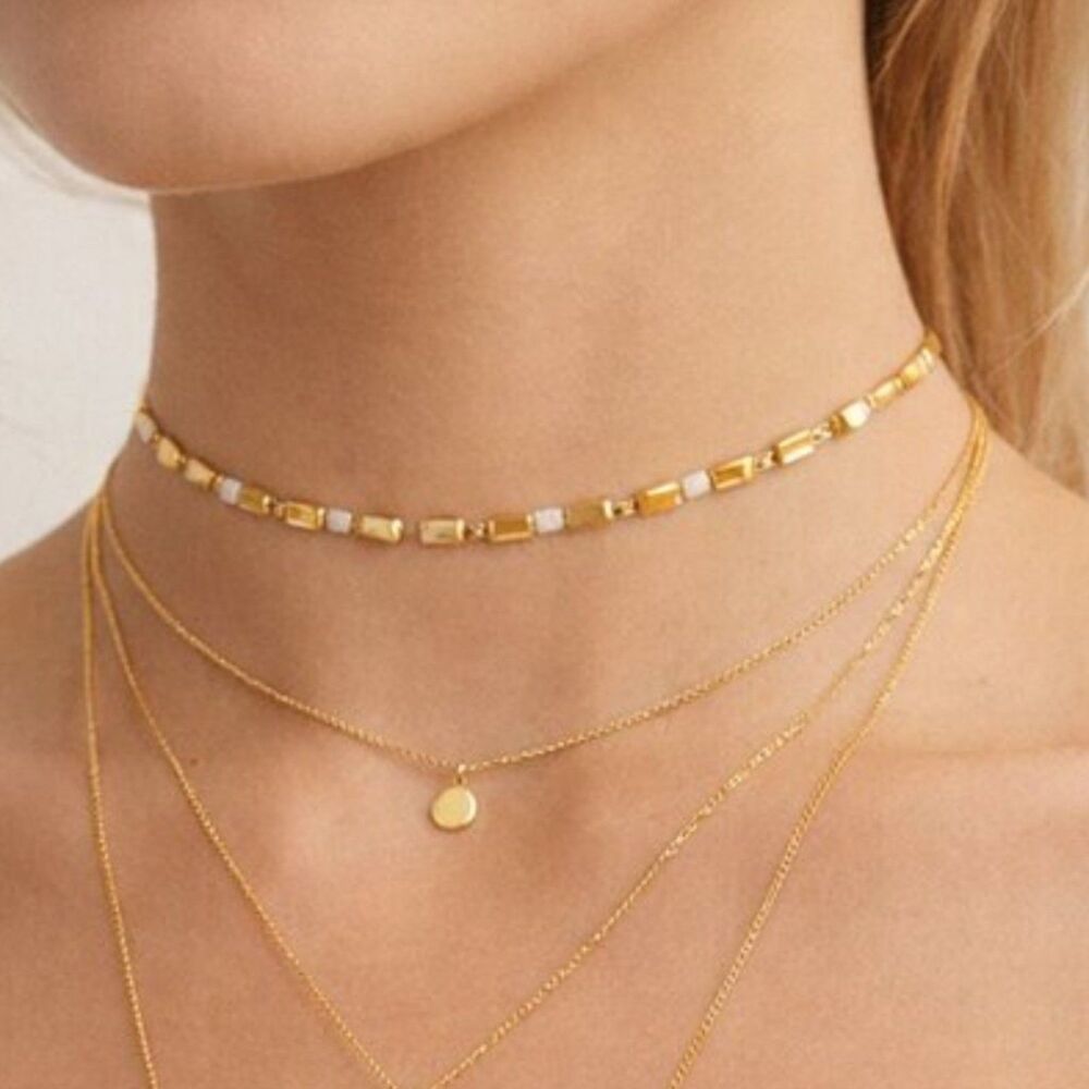 Gold Box Bead Choker Necklace 12" w 4" Extender